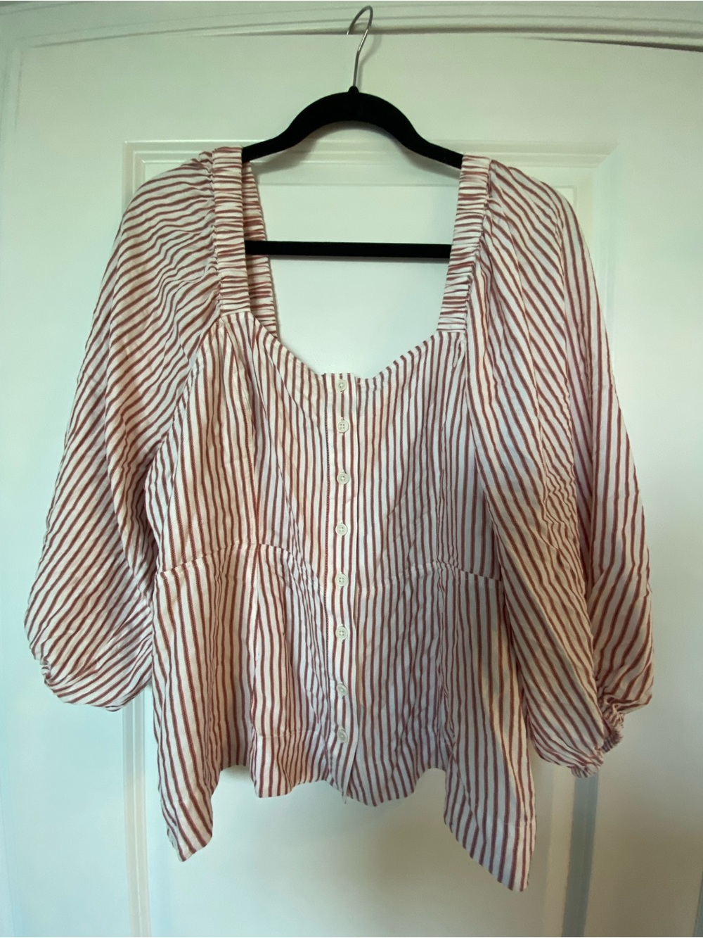 CAbi Red and White Striped Button-Front Peasant Blouse